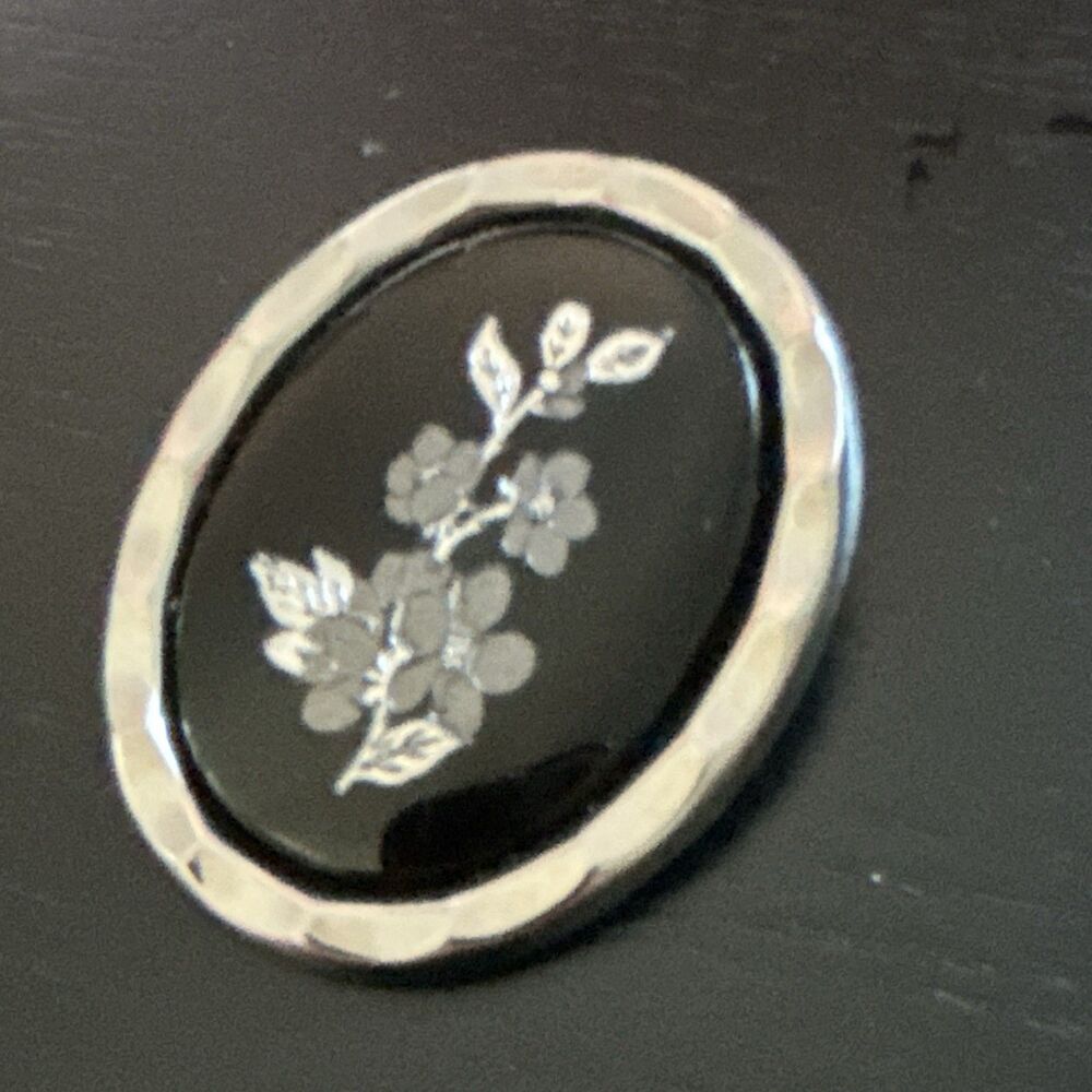 Vintage Black Silver Tone Floral Scarf Clip Oval Damascene Style
